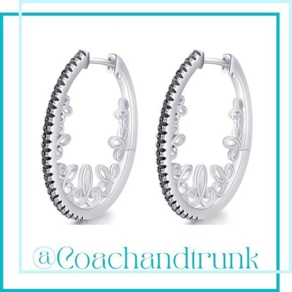 Filigree Silver Black Spinel Sim Channel Set Vintage Style Hoop Earrings NWT